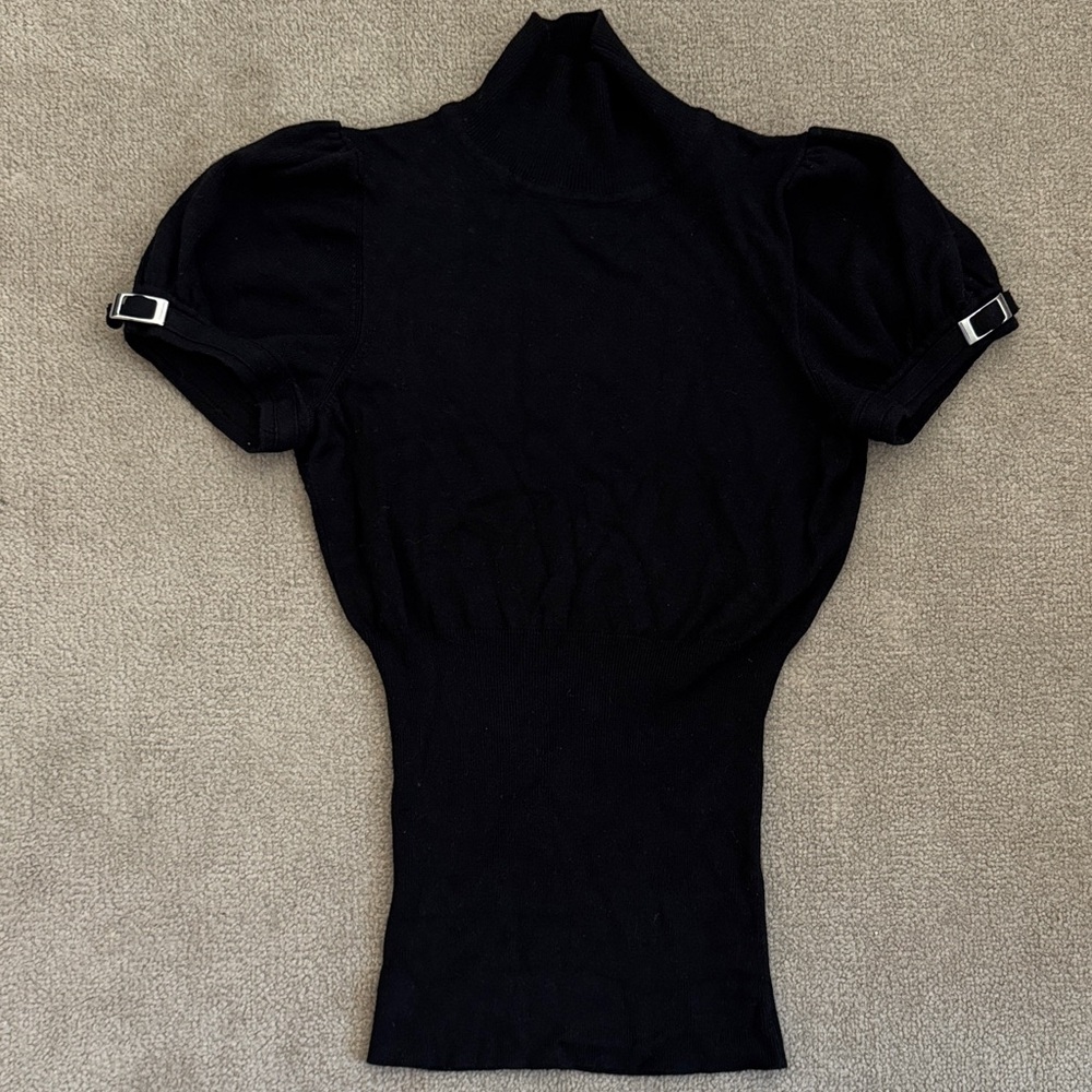 Express short sleeved turtleneck fitted sweater, rich black